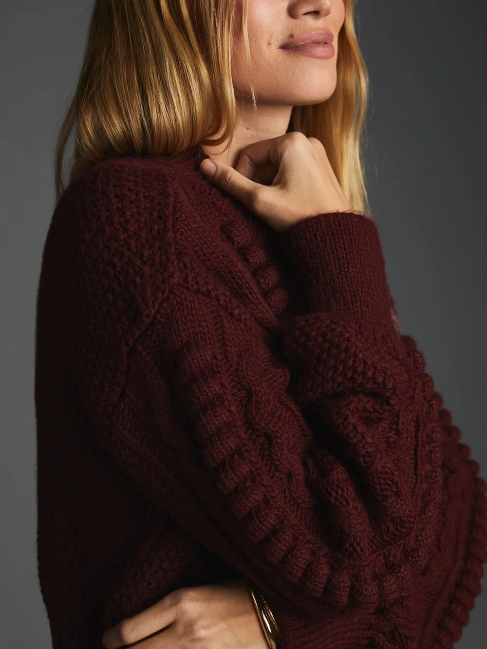 Anthropologie | Cropped Cable Knit Sweater in Wine | Large
